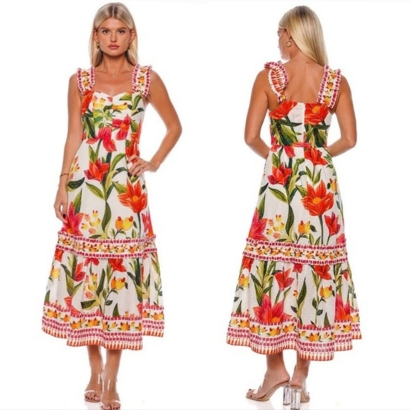 Farm Rio Cashew Floral Tiered Midi Dress White Ruffle Garden Tropical - Picture 3 of 13